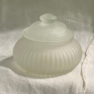 Satin Glass Vanity Jar Ribbed Embossed Floral Lid 3" x 3.25" Frosted Powder Box